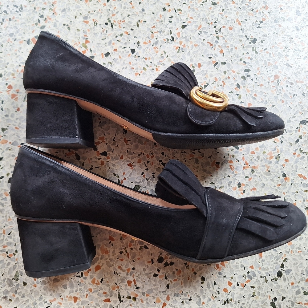 Gucci Marmont Suede Fringe GG Logo‎ Loafer Pumps - Picture 6 of 17